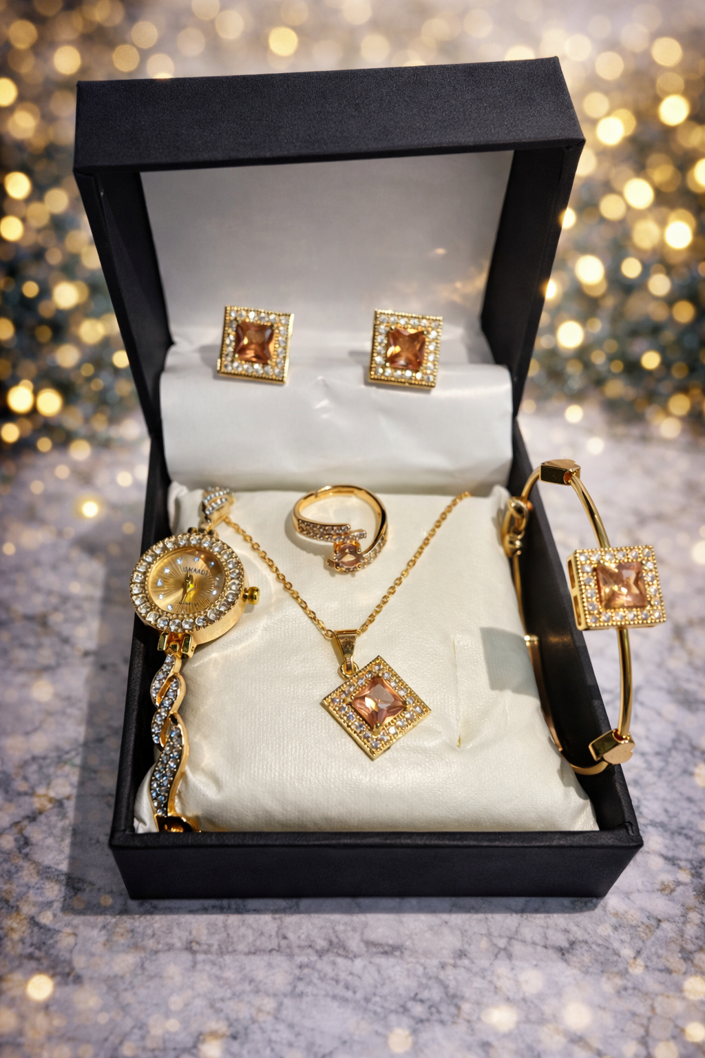 Luxury Women’s Watch & Jewelry Gift Set – Peach Square Crystal Edition (5 Pieces)