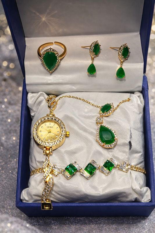Luxury Women’s Watch & Jewelry Gift Set – Emerald Green Stone Edition (5 Pieces)