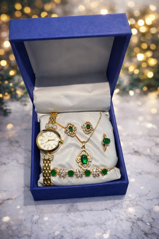 Luxury Women’s Watch & Jewelry Gift Set – Floral Emerald Green Edition (5 Pieces)