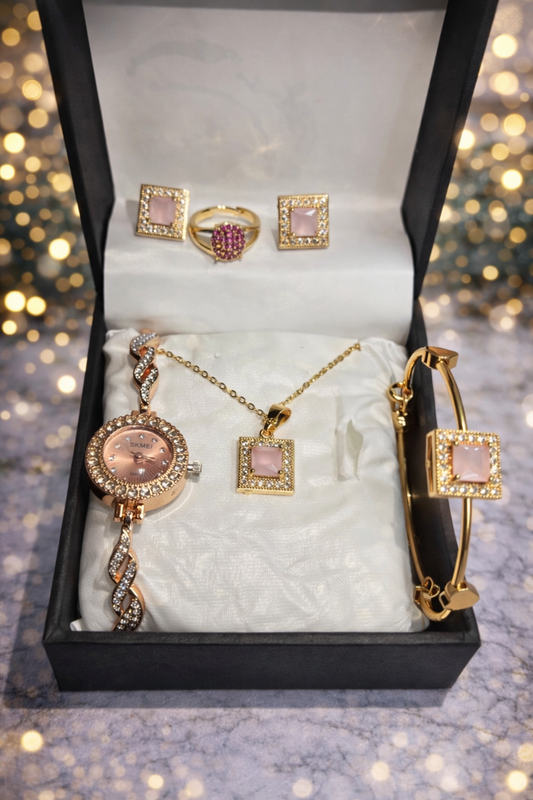 Luxury Women’s Watch & Jewelry Gift Set – Blush Pink Square Crystal Edition (5 Pieces)