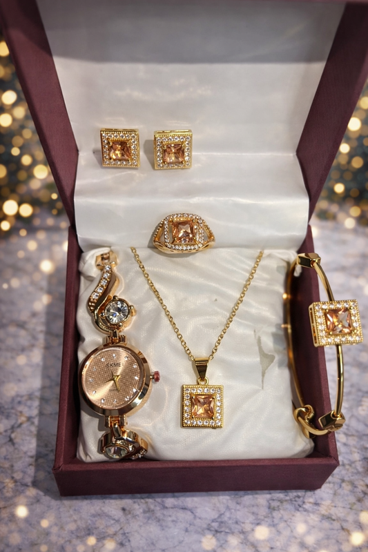 Luxury Women’s Watch & Jewelry Gift Set – Rose Gold Square Crystal Edition (5 Pieces)