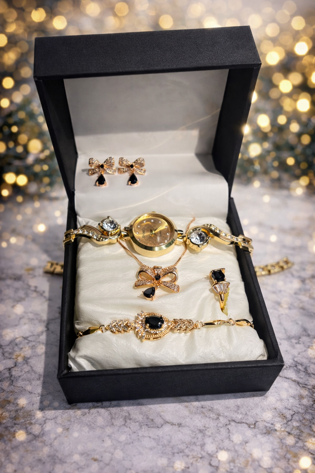 Luxury Women’s Watch & Jewelry Gift Set – Black Bow Crystal Edition (5 Pieces)