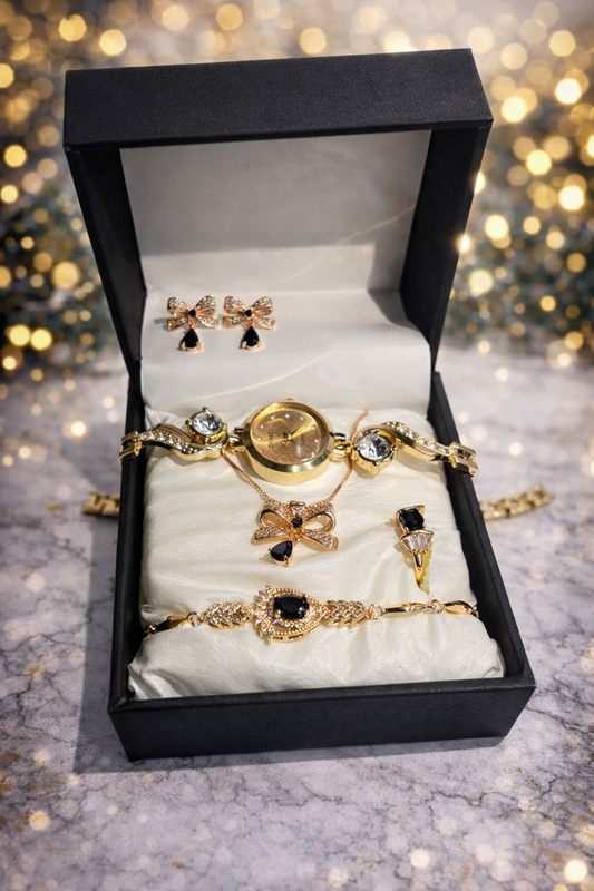Luxury Women’s Watch & Jewelry Gift Set – Black Bow Crystal Edition (5 Pieces)