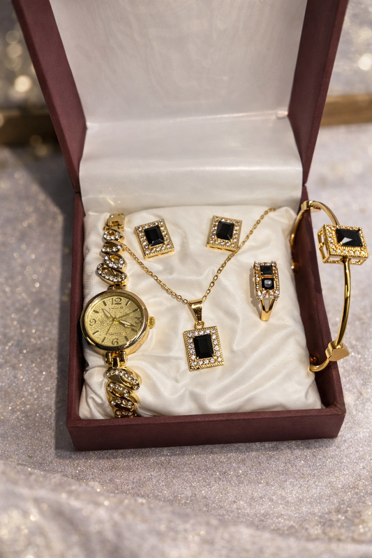 Luxury Women’s Watch & Jewelry Gift Set – Golden Black Stone Edition (5 Pieces)