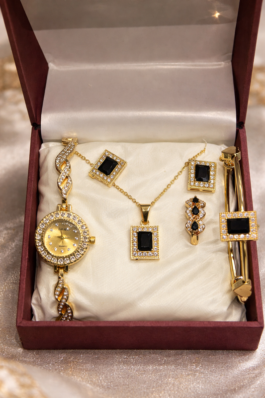 Luxury Women’s Watch & Jewelry Gift Set – Black Stone Golden Edition (5 Pieces)